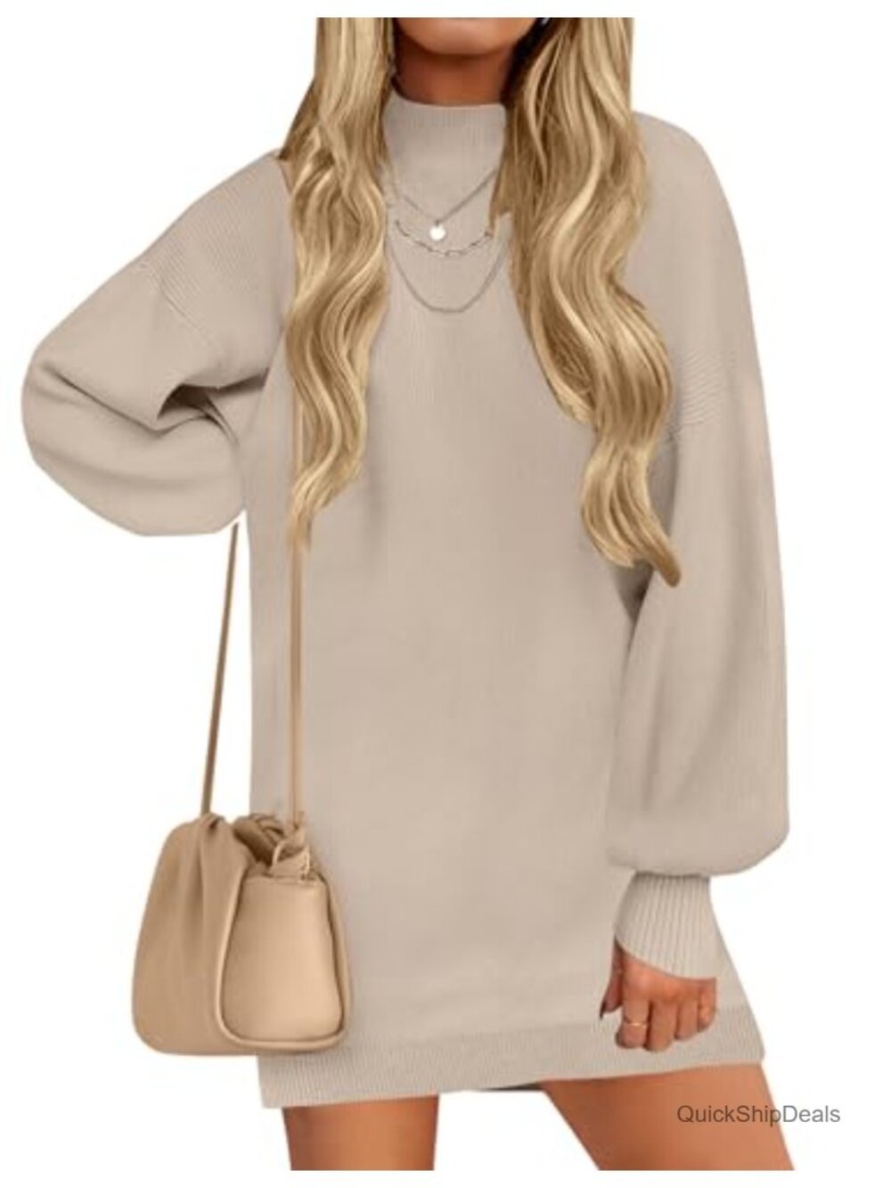 Mock Neck Mini Sweater Dress Long Sleeve Ribbed Knit Pullover